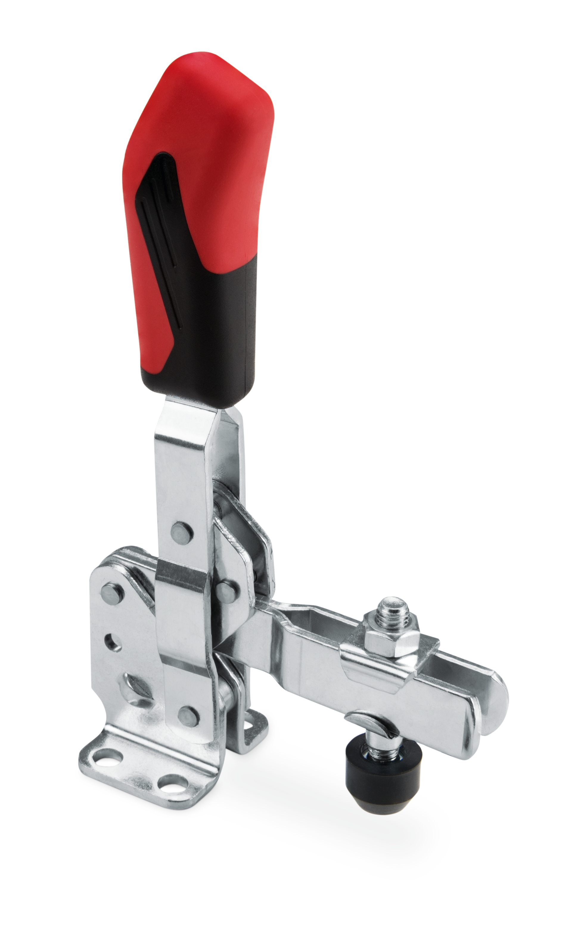 Vertical toggle clamp with open clamping arm, horizontal base